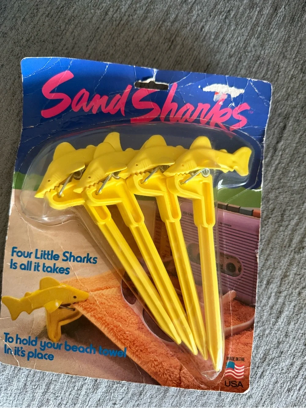 Vintage 1980s package 4 of Sand Sharks Sand Spikes for beach towel. MADE IN USA.